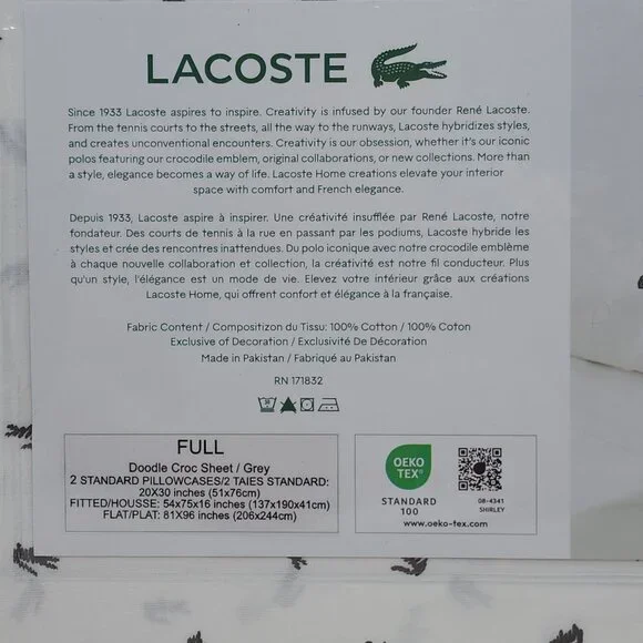 Lacoste Cotton Percale Full Sheet Set Croc Pattern Soft Breathable Material - Picture 7 of 12